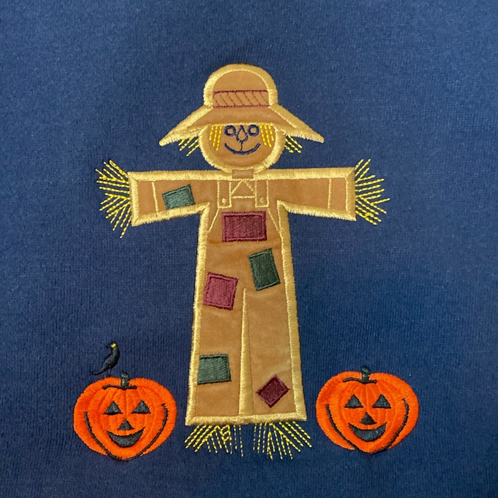 Fall Patchwork Scarecrow, Pumpkins, Halloween Theme Sweatshirt Pullover XL